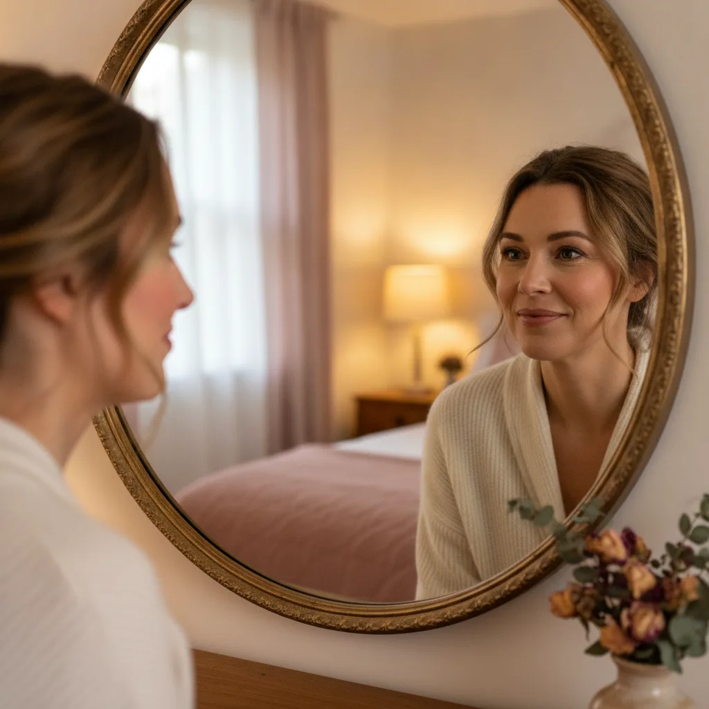 Woman looking at her reflection warmly